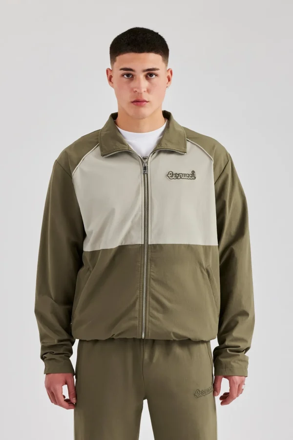 Nylon Panel Funnel Neck Track Jacket - Khaki