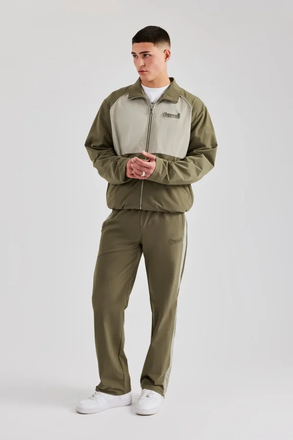 Nylon Panel Funnel Neck Track Jacket & Jogger - Khaki