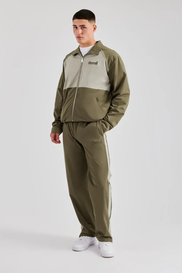 Nylon Panel Funnel Neck Track Jacket & Jogger - Khaki