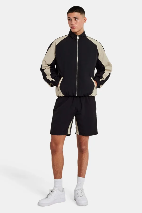 Nylon Panelled Track Jacket & Short Set - Black