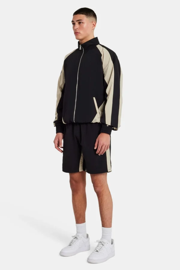 Nylon Panelled Track Jacket & Short Set - Black