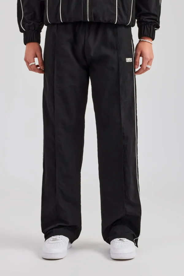 Nylon Piping Popper Wide Leg Jogger - Black