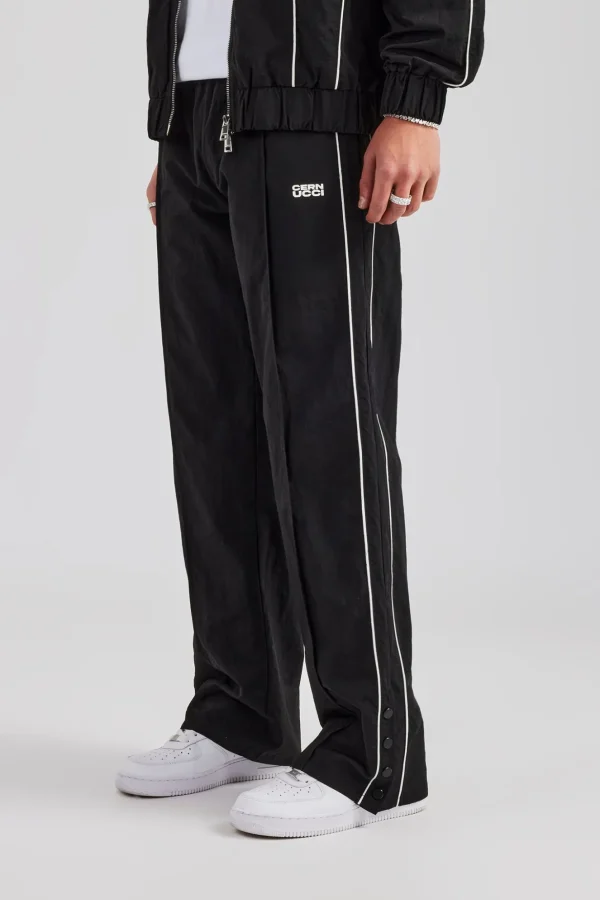 Nylon Piping Popper Wide Leg Jogger - Black