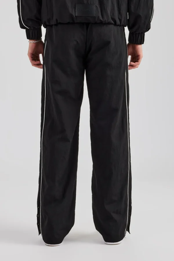 Nylon Piping Popper Wide Leg Jogger - Black