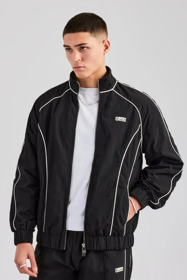 Nylon Piping Zip Through Jacket - Black