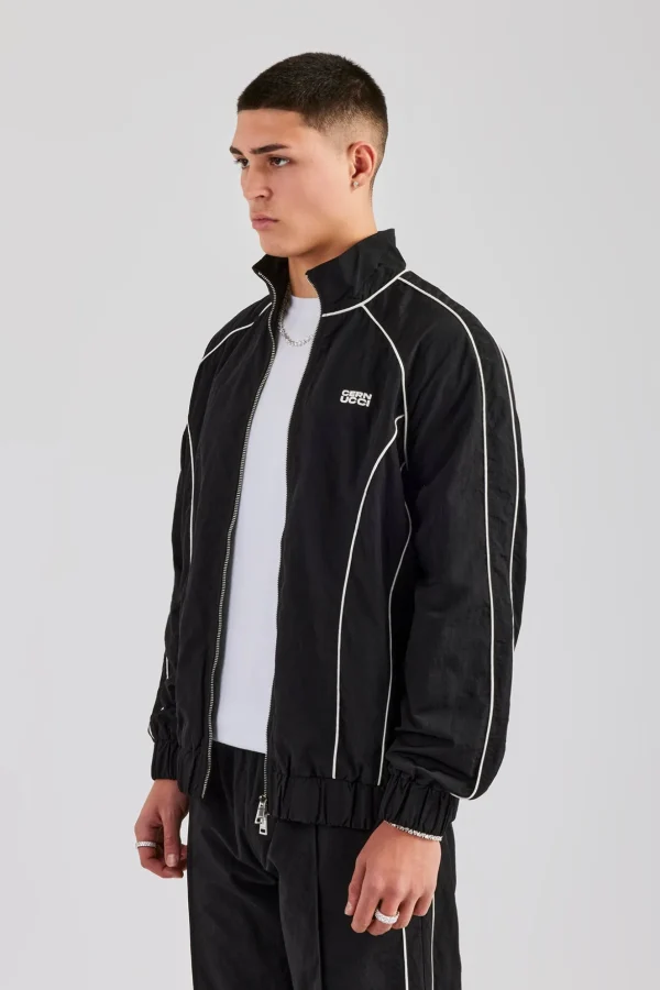 Nylon Piping Zip Through Jacket - Black