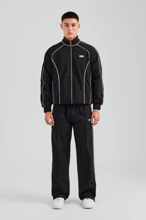 Nylon Piping Zip Through Tracksuit - Black