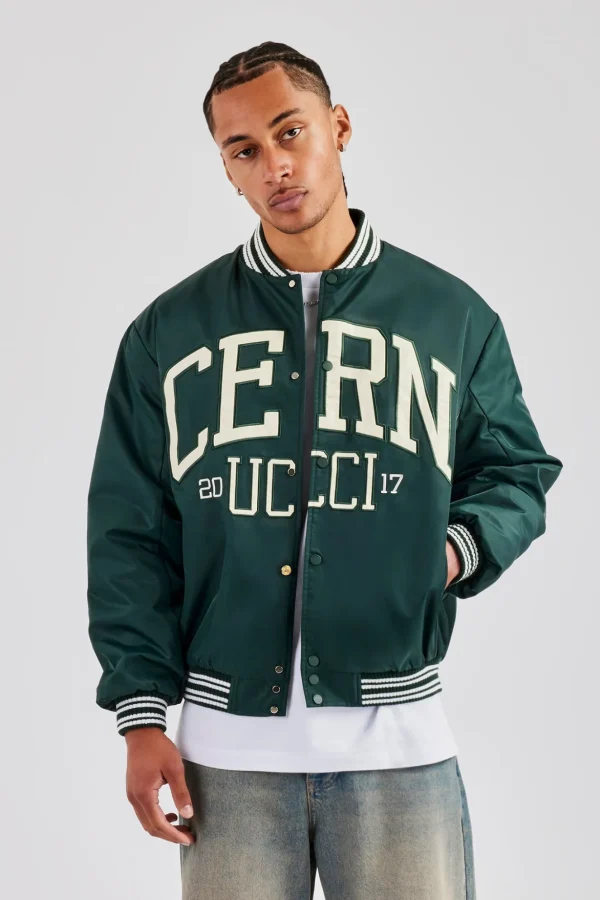 Oversized 17 Nylon Applique Bomber Jacket - Forest Green