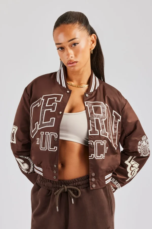 Oversized 17 Nylon Applique Badge Bomber - Chocolate