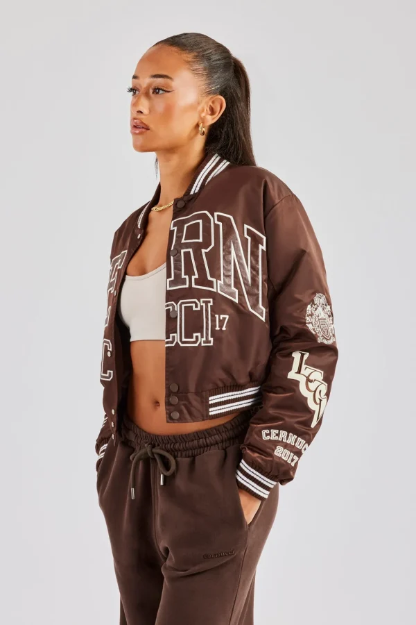 Oversized 17 Nylon Applique Badge Bomber - Chocolate