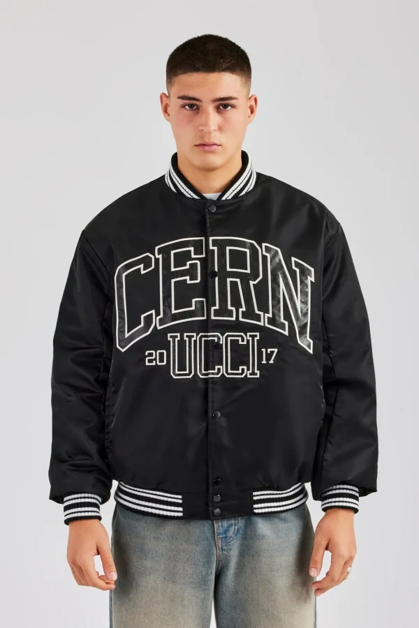 Oversized 17 Nylon Applique Bomber Jacket - Black