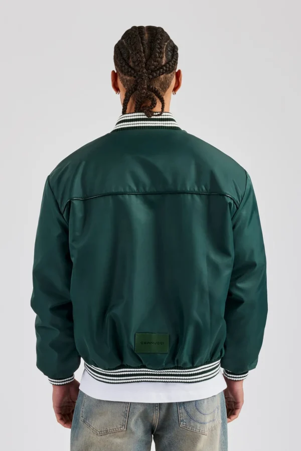 Oversized 17 Nylon Applique Bomber Jacket - Forest Green