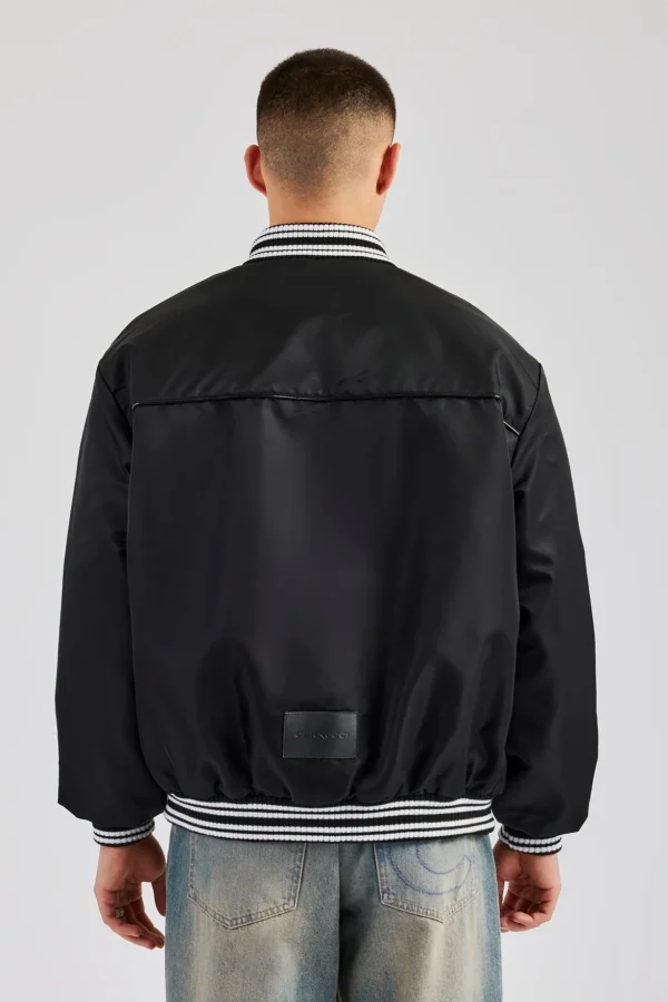 Oversized 17 Nylon Applique Bomber Jacket - Black