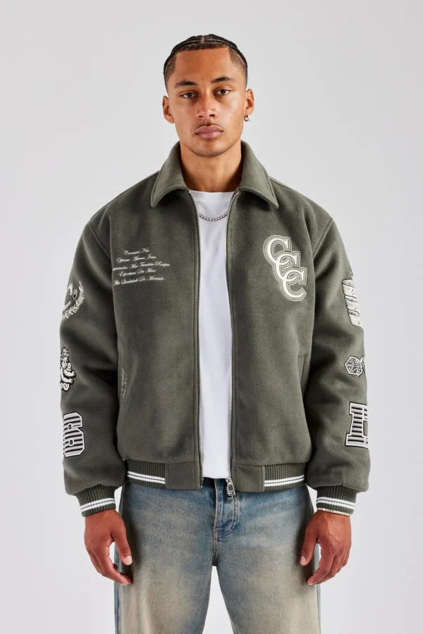 Oversized Applique Harrington Jacket - Grey