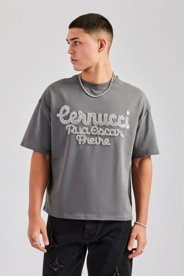 Oversized Boxy Washed Pearl Detail T-Shirt - Charcoal