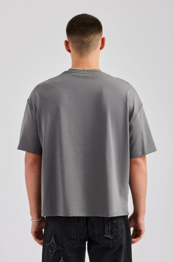 Oversized Boxy Washed Pearl Detail T-Shirt - Charcoal