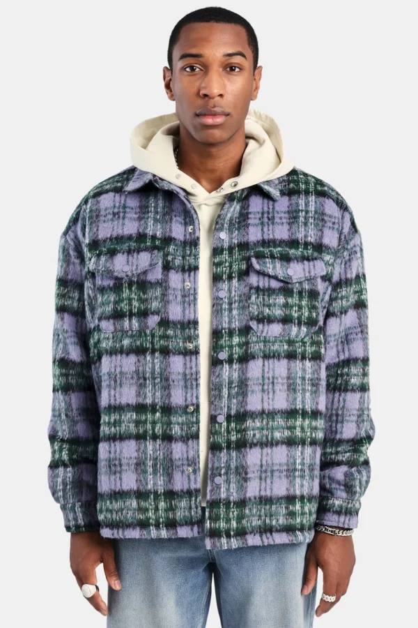 Oversized Brushed Check Overshirt - Purple