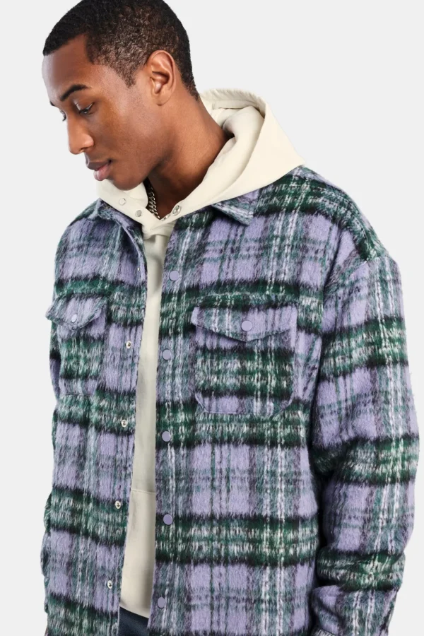 Oversized Brushed Check Overshirt - Purple