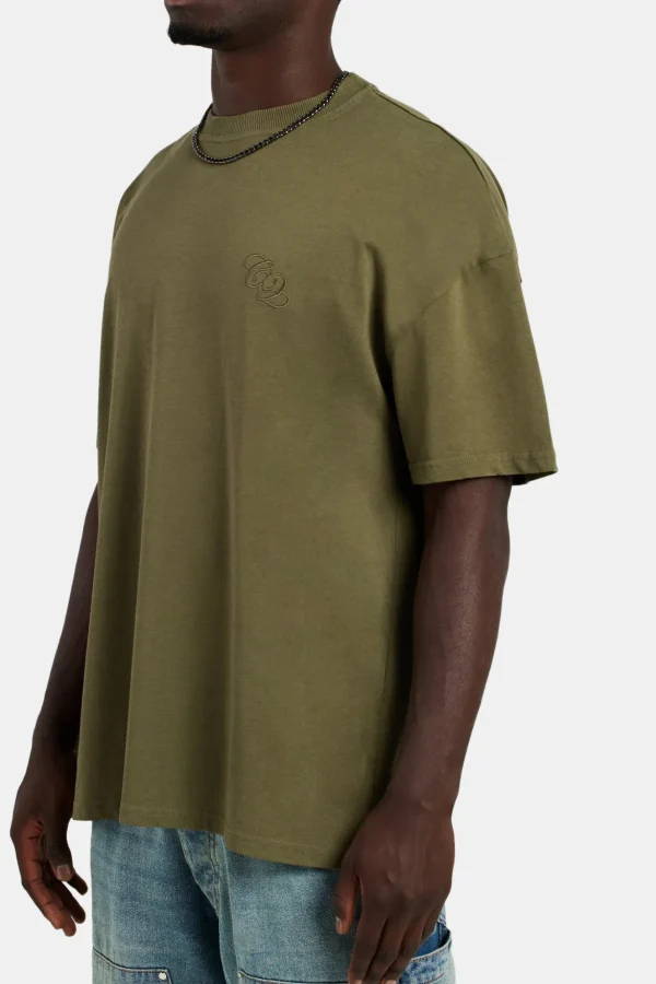 Oversized C 3D Embroidered T-Shirt - Khaki