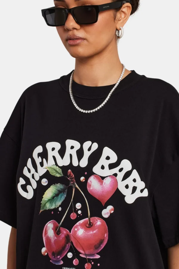 Oversized Cherry Graphic T-Shirt - Black