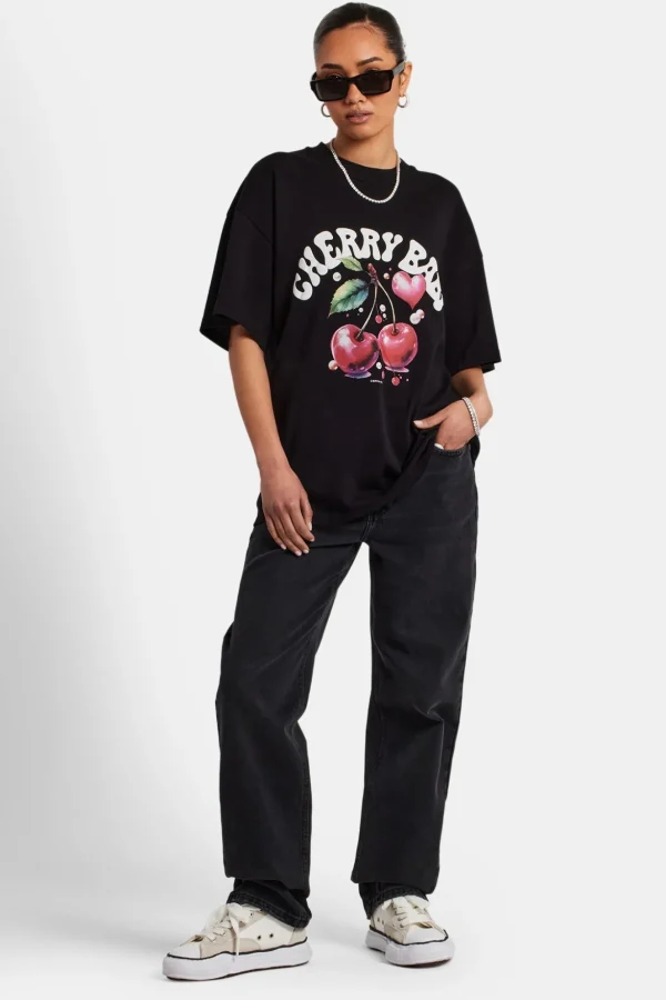 Oversized Cherry Graphic T-Shirt - Black