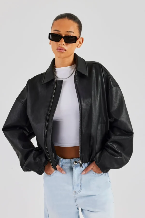 Oversized Collared Pu Bomber - Black