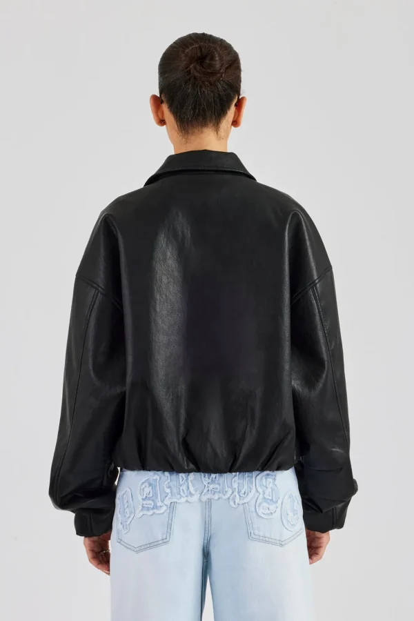 Oversized Collared Pu Bomber - Black