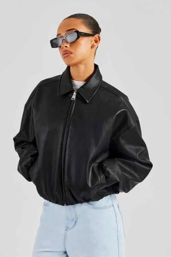 Oversized Collared Pu Bomber - Black