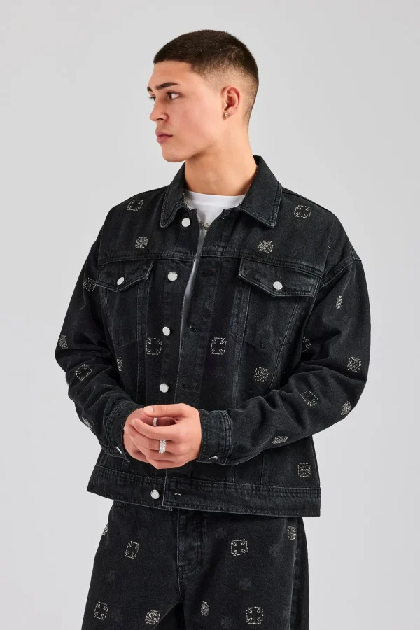 Oversized Embellished Denim Jacket - Washed Black