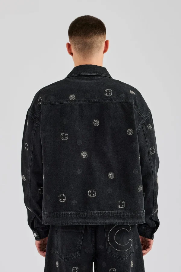 Oversized Embellished Denim Jacket - Washed Black