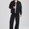 Oversized Embellished Jacket and Jean Set - Washed Black