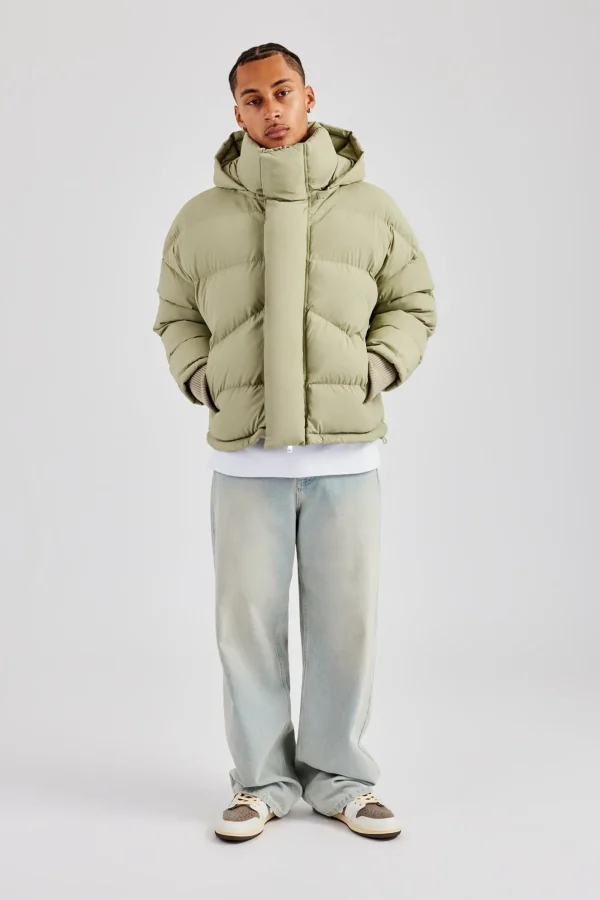 Oversized Hooded Puffer Jacket - Sage