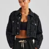 Oversized Raw Edge Cropped Denim Jacket - Washed Black