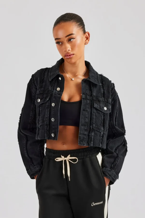 Oversized Raw Edge Cropped Denim Jacket - Washed Black