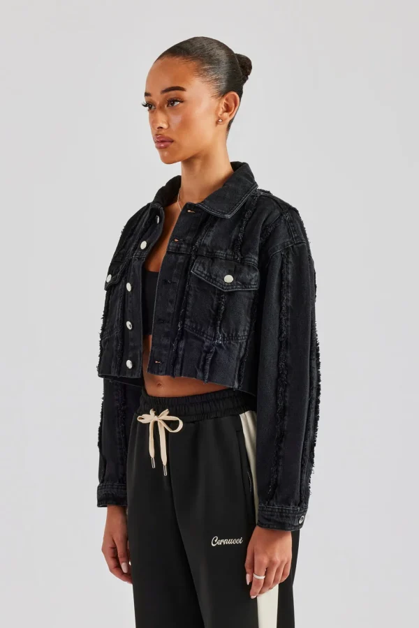 Oversized Raw Edge Cropped Denim Jacket - Washed Black