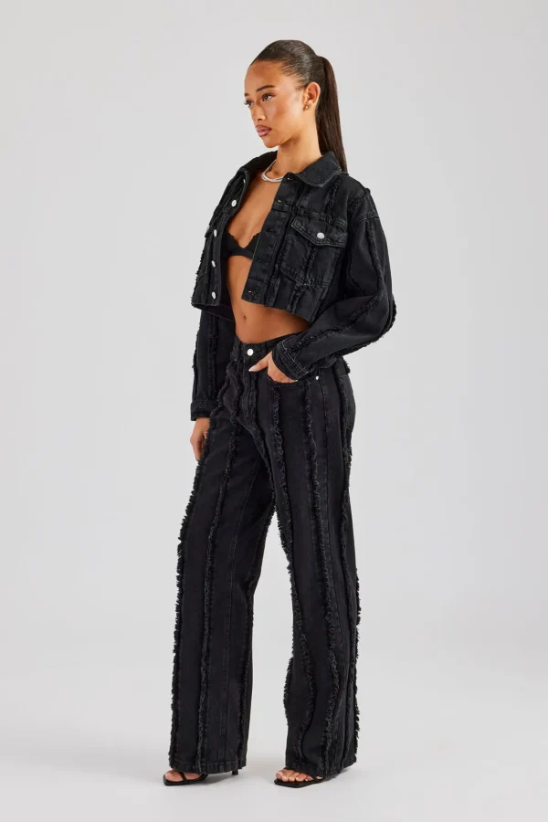 Oversized Raw Edge Cropped Denim Jacket & Relaxed Jean - Washed Black