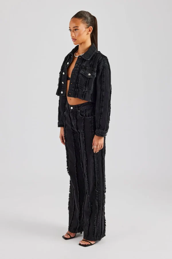 Oversized Raw Edge Cropped Denim Jacket & Relaxed Jean - Washed Black