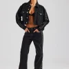 Pearl Stud Cropped Denim Jacket & Flare Jean - Washed Black