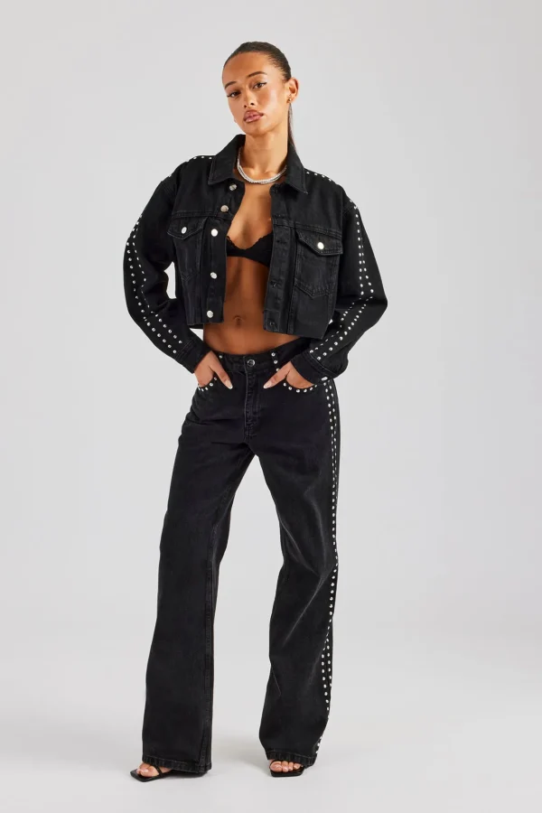 Pearl Stud Cropped Denim Jacket & Flare Jean - Washed Black