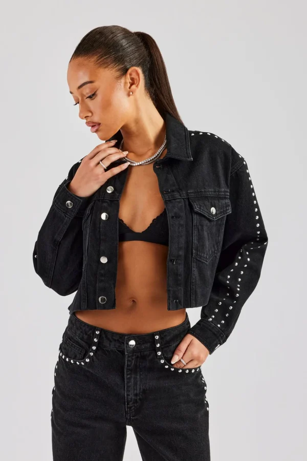 Pearl Stud Cropped Denim Jacket & Flare Jean - Washed Black