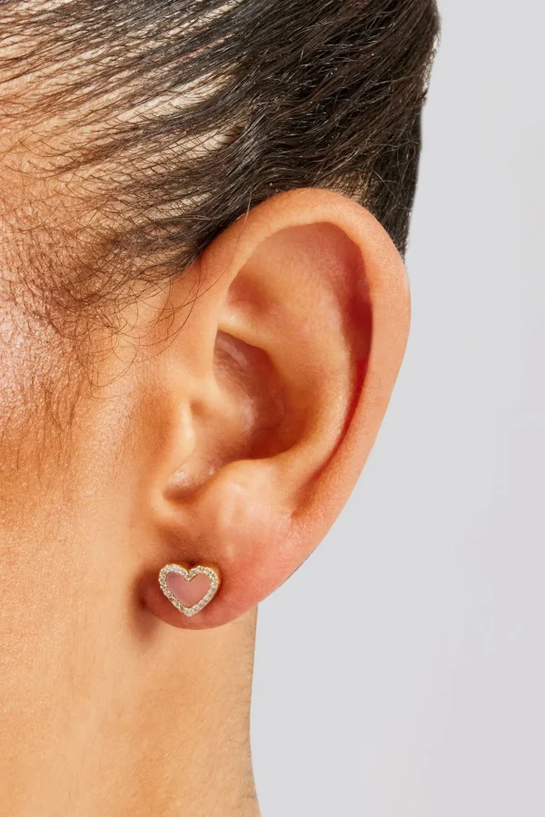 Pink Agate Heart Stud Earrings