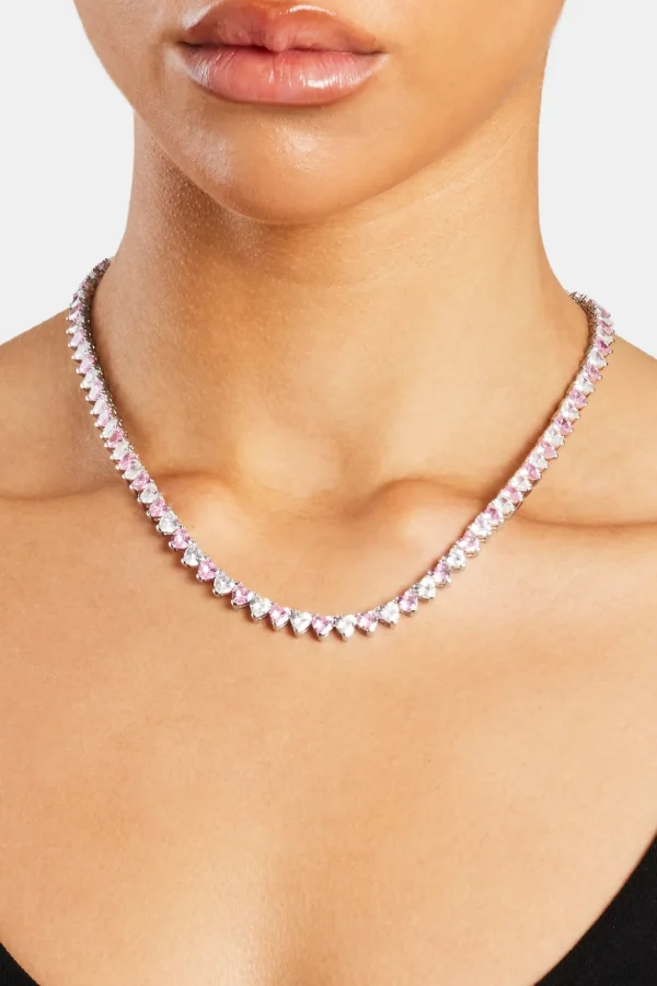 Pink & Clear Heart Tennis Chain - White