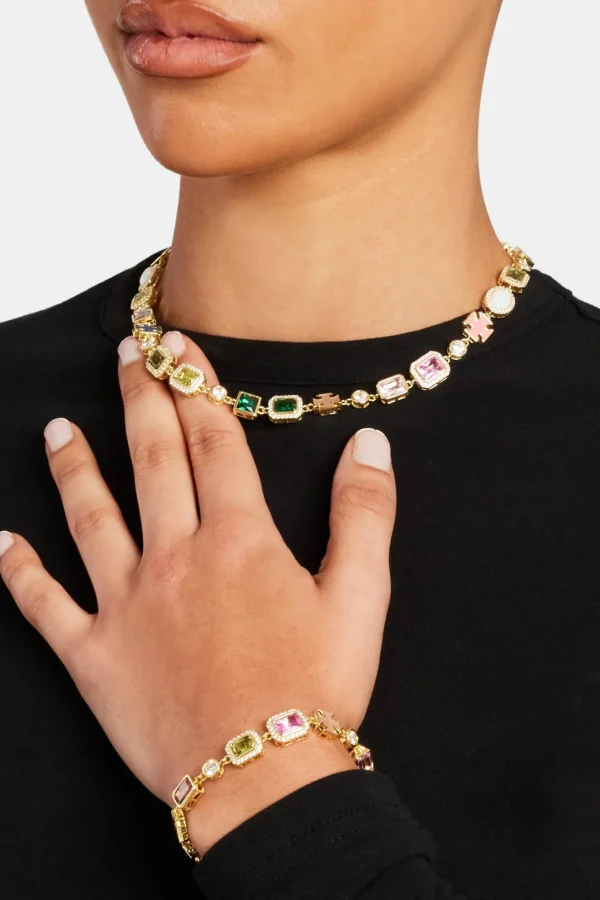 Pink & Green Multi Gem Stone Motif Necklace & Bracelet  - Gold