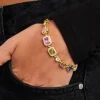 Pink & Green Multi Gem Stone Motif Bracelet - Gold