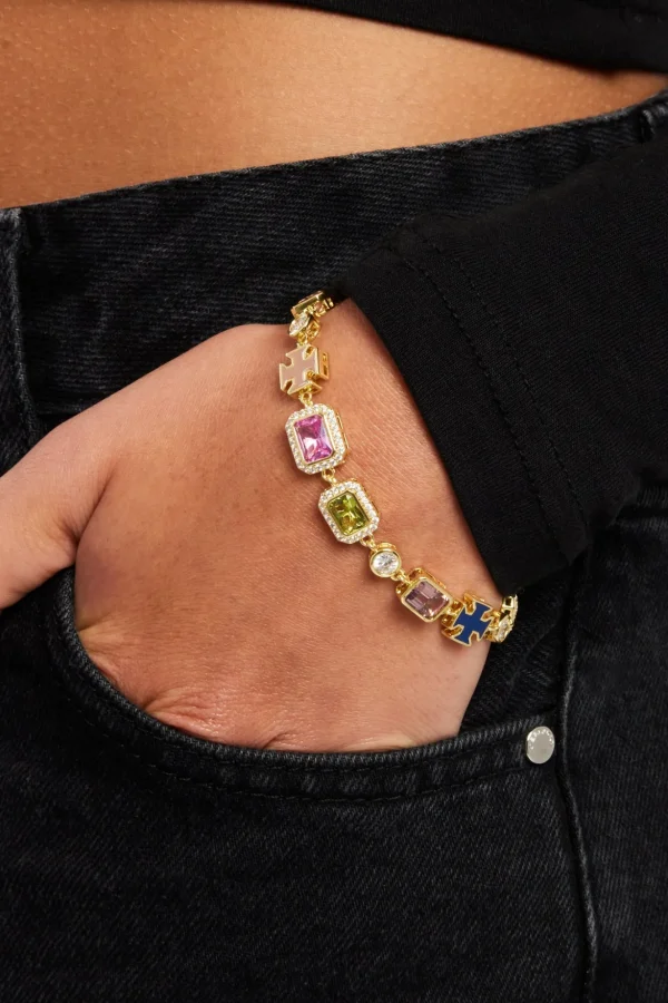 Pink & Green Multi Gem Stone Motif Bracelet - Gold