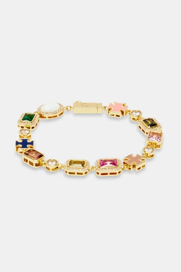 Pink & Green Multi Gem Stone Motif Bracelet - Gold