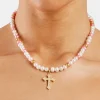 Pink Bead & Cross Freshwater Pearl Necklace