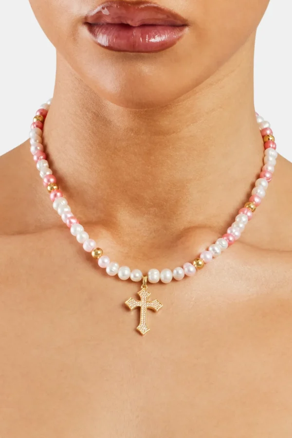 Pink Bead & Cross Freshwater Pearl Necklace