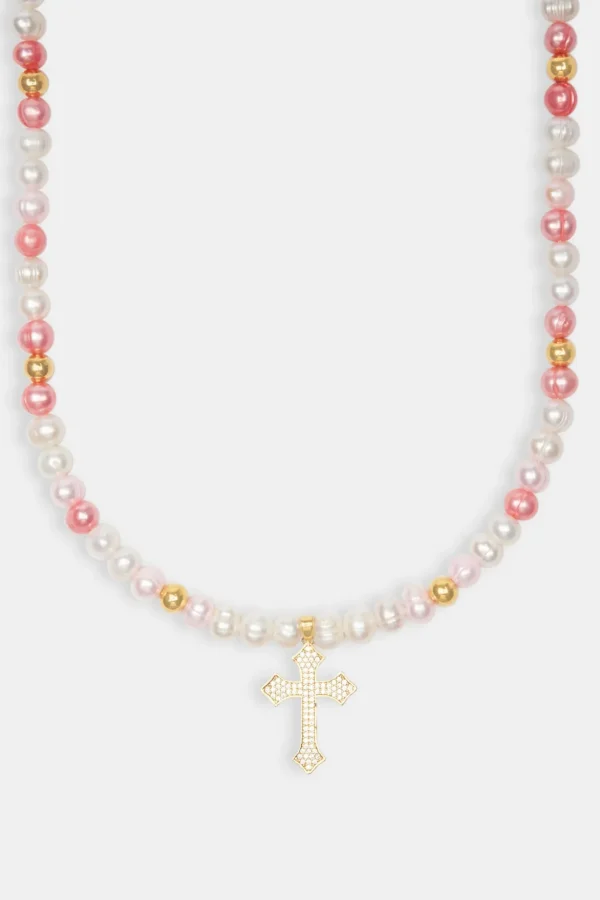 Pink Bead & Cross Freshwater Pearl Necklace