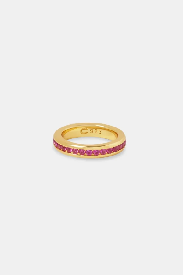 Pink Centre Iced Band Ring - Gold 4mm